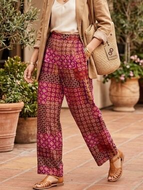 DREW Anthropologie NWT Patchwork Satin Wide Leg Pants XS Medallion Tile Print
